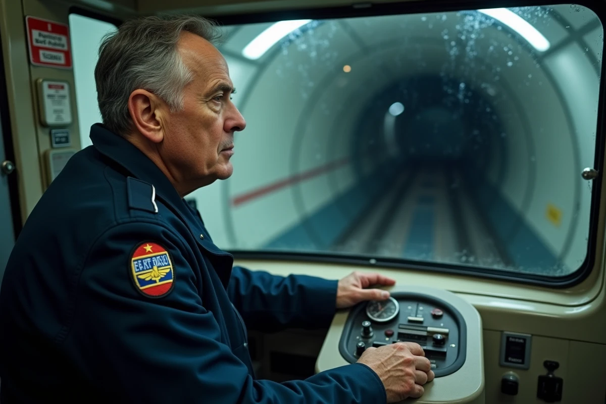 Conducteur de métro RATP en uniforme officiel aux commandes d'une rame dans un tunnel parisien