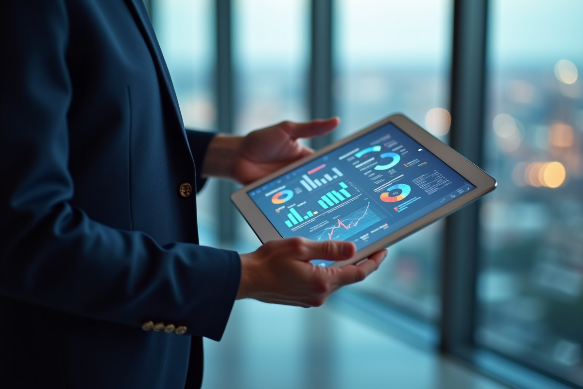 Consultant montrant des analyses de données sur une tablette à un client