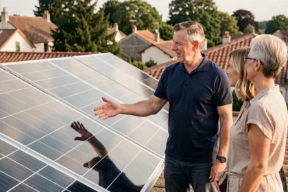 Consultant en énergie solaire expliquant l'installation de panneaux photovoltaïques sur un toit résidentiel en France