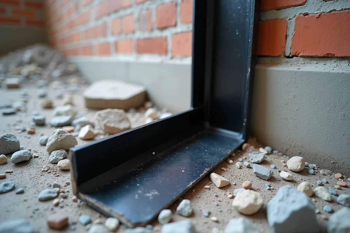 Cornière acier peinte en noir installée en pied de mur sur un chantier de rénovation urbaine