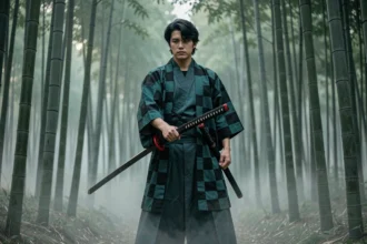 Cosplayer de Tanjiro Kamado en kimono à carreaux dans une forêt de bambous brumeuse au Japon