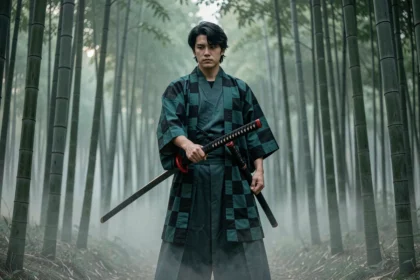 Cosplayer de Tanjiro Kamado en kimono à carreaux dans une forêt de bambous brumeuse au Japon