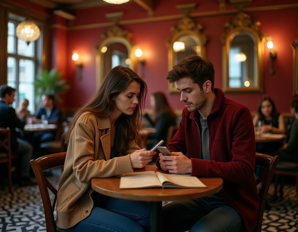 Couple consultant leurs smartphones dans un bistro parisien, cherchant une activité de soirée à Paris