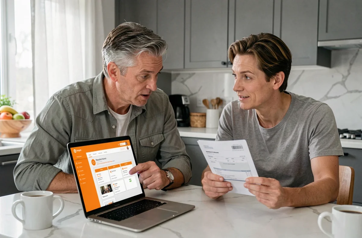 Couple discutant du choix entre l'enregistrement Orange TV 100h et 300h devant un ordinateur portable dans une cuisine moderne