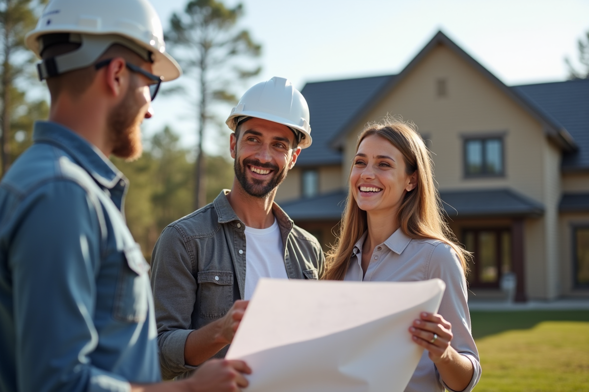Couple souriant discutant plans de maison en extérieur