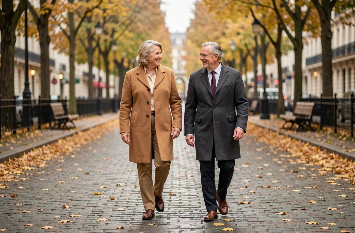 Couple élégant se promenant sur un boulevard parisien en automne, feuilles dorées au sol, atmosphère intime et complice