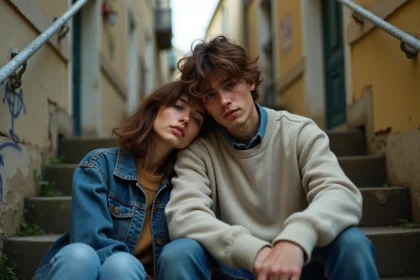 Jeune couple mélancolique assis sur un escalier urbain évoquant l'amour complexe du film L'Amour Ouf
