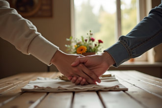 Couple tenant la main sur une table en bois avec fleurs naturelles