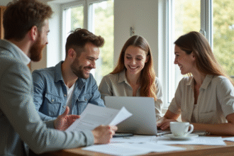 Jeune couple discutant de prêt immobilier avec conseiller