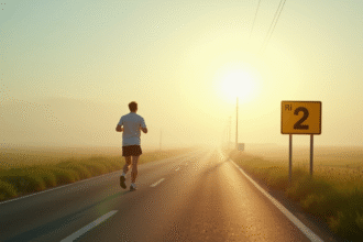 Coureur s'arrêtant devant un panneau rural avec 2 miles et km