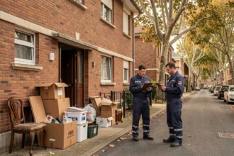 Équipe de débarras devant une maison de Toulouse avec meubles et cartons à enlever
