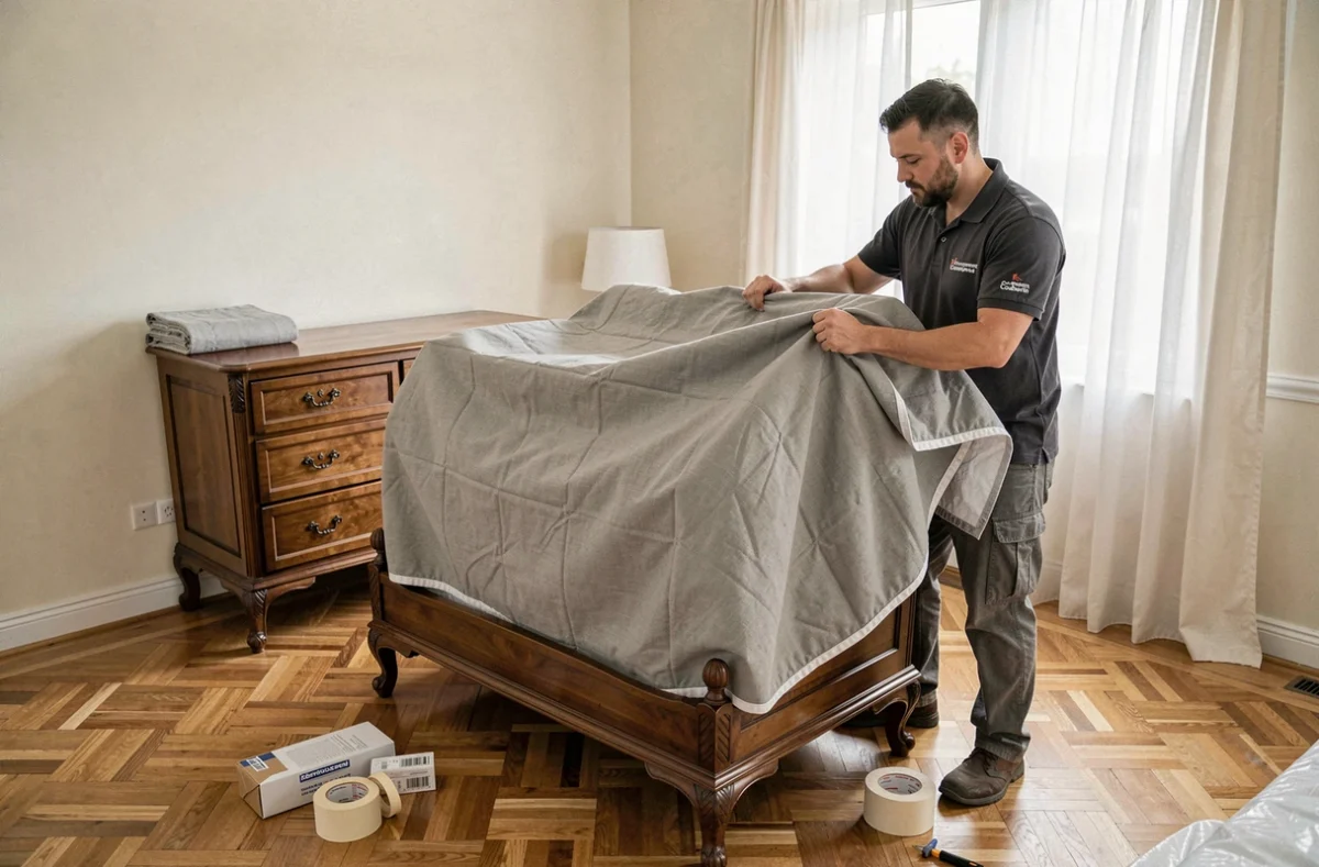 Déménageur de Déménagement Coubertin emballant une commode ancienne avec des couvertures de protection