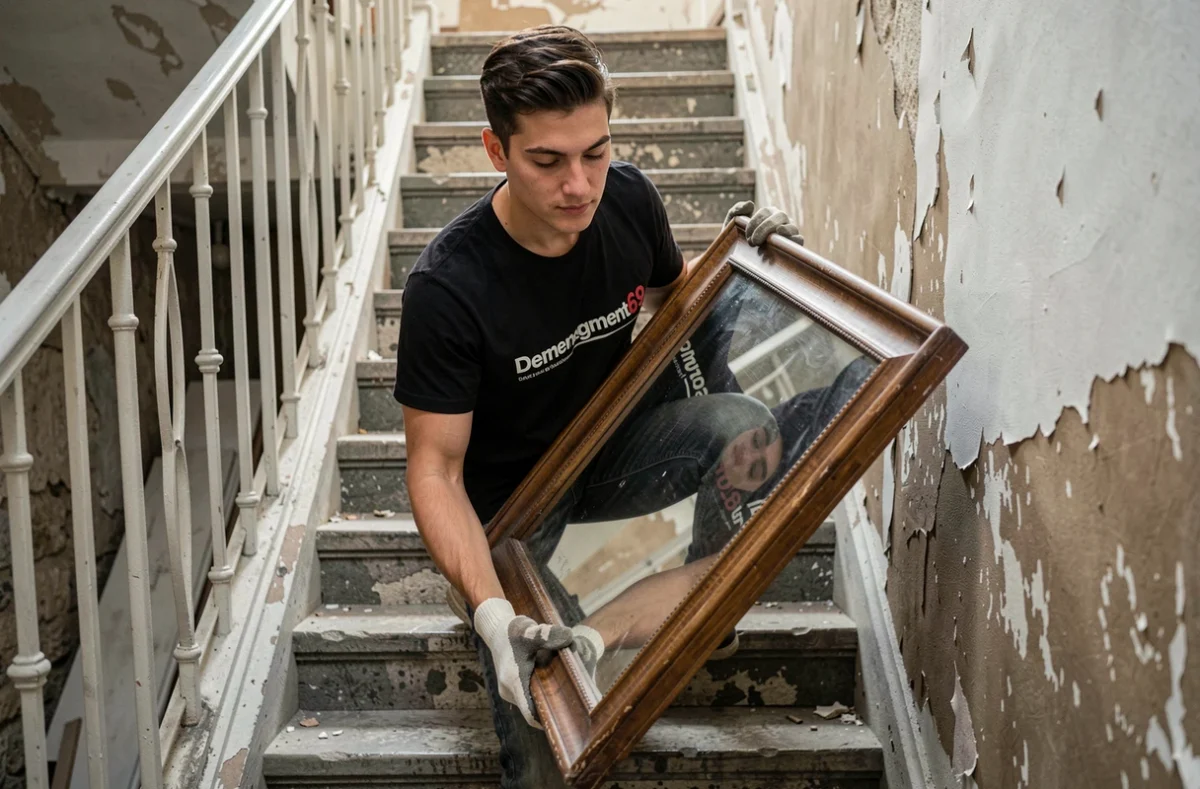 Déménageur de Demenagement69 descendant un grand miroir encadré dans un escalier en colimaçon
