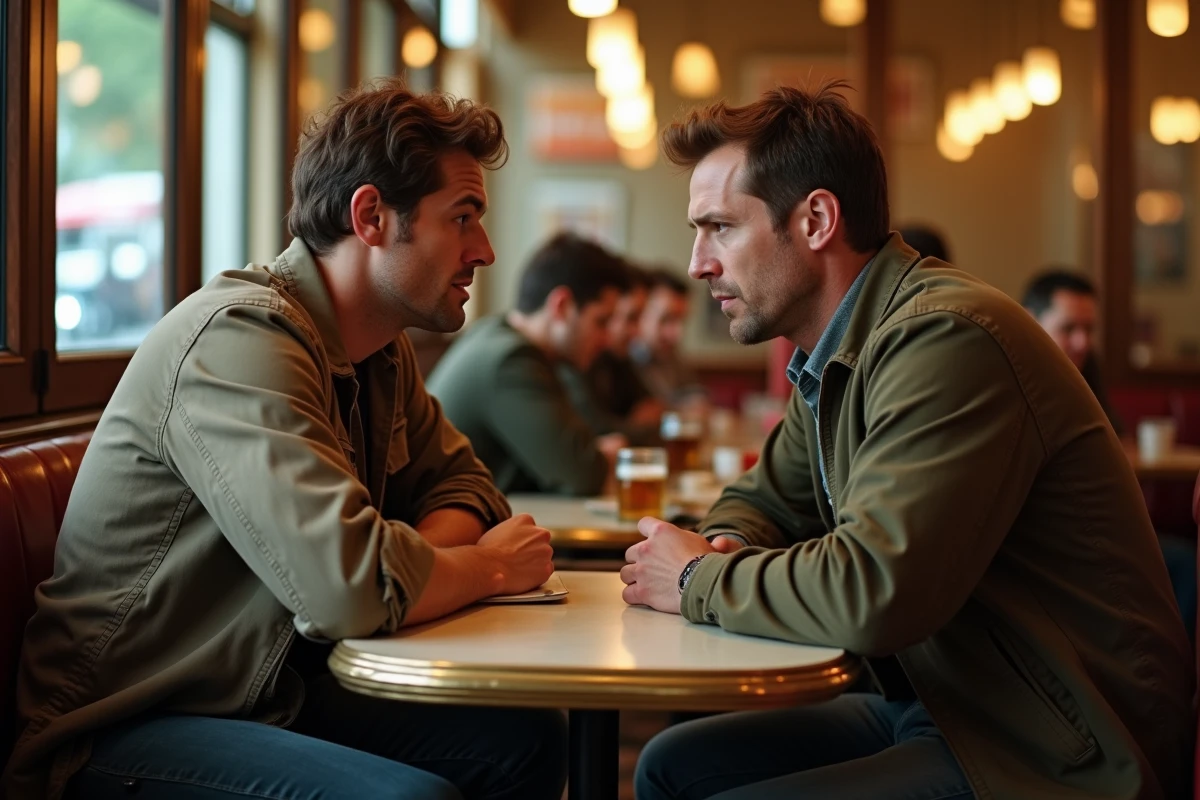 Deux hommes en conversation tendue dans une brasserie française typique, illustrant les relations complexes du film