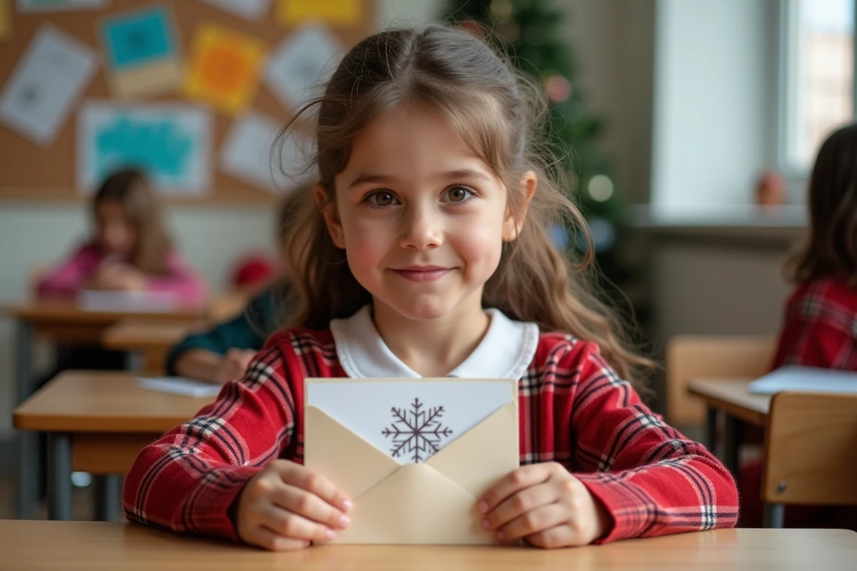 Jeune élève en robe rouge déposant une carte de Noël imprimée dans une enveloppe kraft sur un bureau de classe décorée pour les fêtes