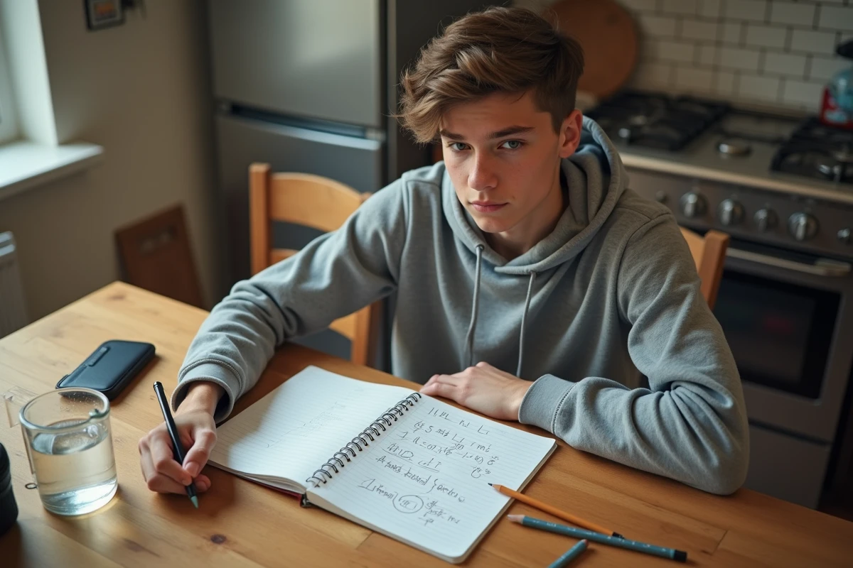 Adolescent révisant la conversion des litres en mètres cubes avec un cahier de mathématiques et un pichet gradué sur une table de cuisine