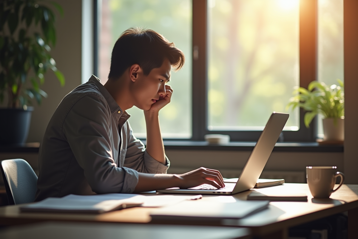 Étudiant seul frustré en étudiant des documents de gestion