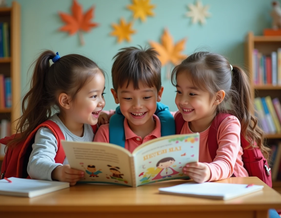 Groupe d'élèves du primaire lisant ensemble un livre de poèmes illustrés lors de la rentrée des classes