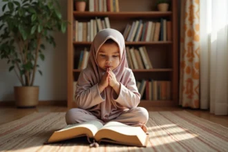 Petite fille en hijab pastel apprenant le Coran sur un tapis de prière à la maison