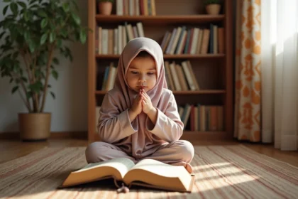 Petite fille en hijab pastel apprenant le Coran sur un tapis de prière à la maison