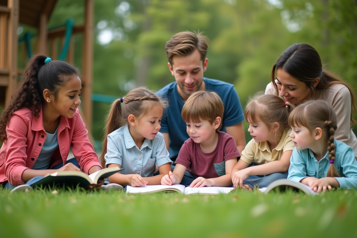 Quatre enfants avec adultes en activités en plein air