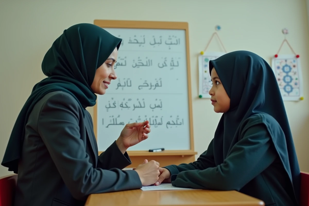 Enseignante en hijab apprenant les versets du Coran à une élève dans une salle de classe