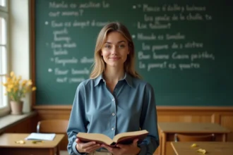 Enseignante tenant un recueil de poèmes devant un tableau noir avec des vers écrits à la craie pour la rentrée scolaire