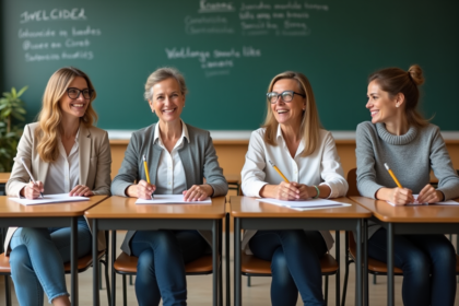 Quatre enseignants divers en salle de classe moderne