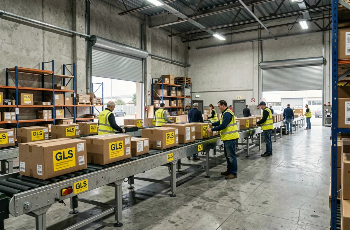 Entrepôt de tri GLS en France avec convoyeur de colis et employés en activité