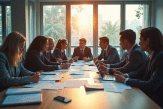 Equipe d'affaires inquiete autour d'une table de réunion