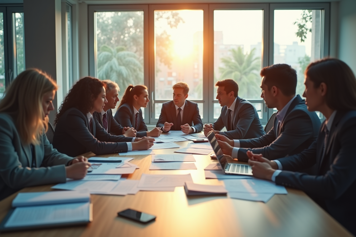 Equipe d'affaires inquiete autour d'une table de réunion