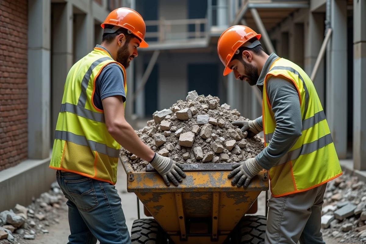Deux ouvriers en équipements de protection sécurisant une charge dans le godet d'un mini dumper sur un chantier de rénovation urbaine