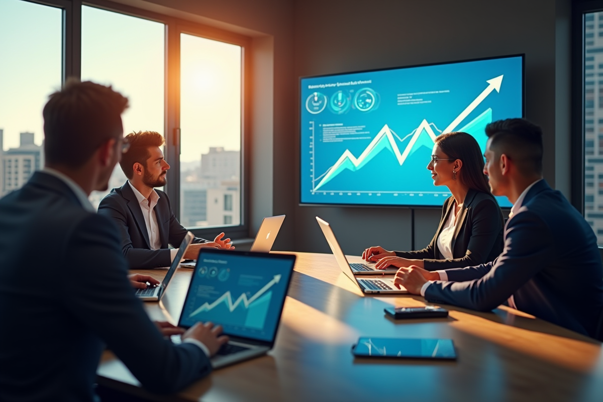 Équipe de professionnels collaborant autour d'une table avec écrans de données