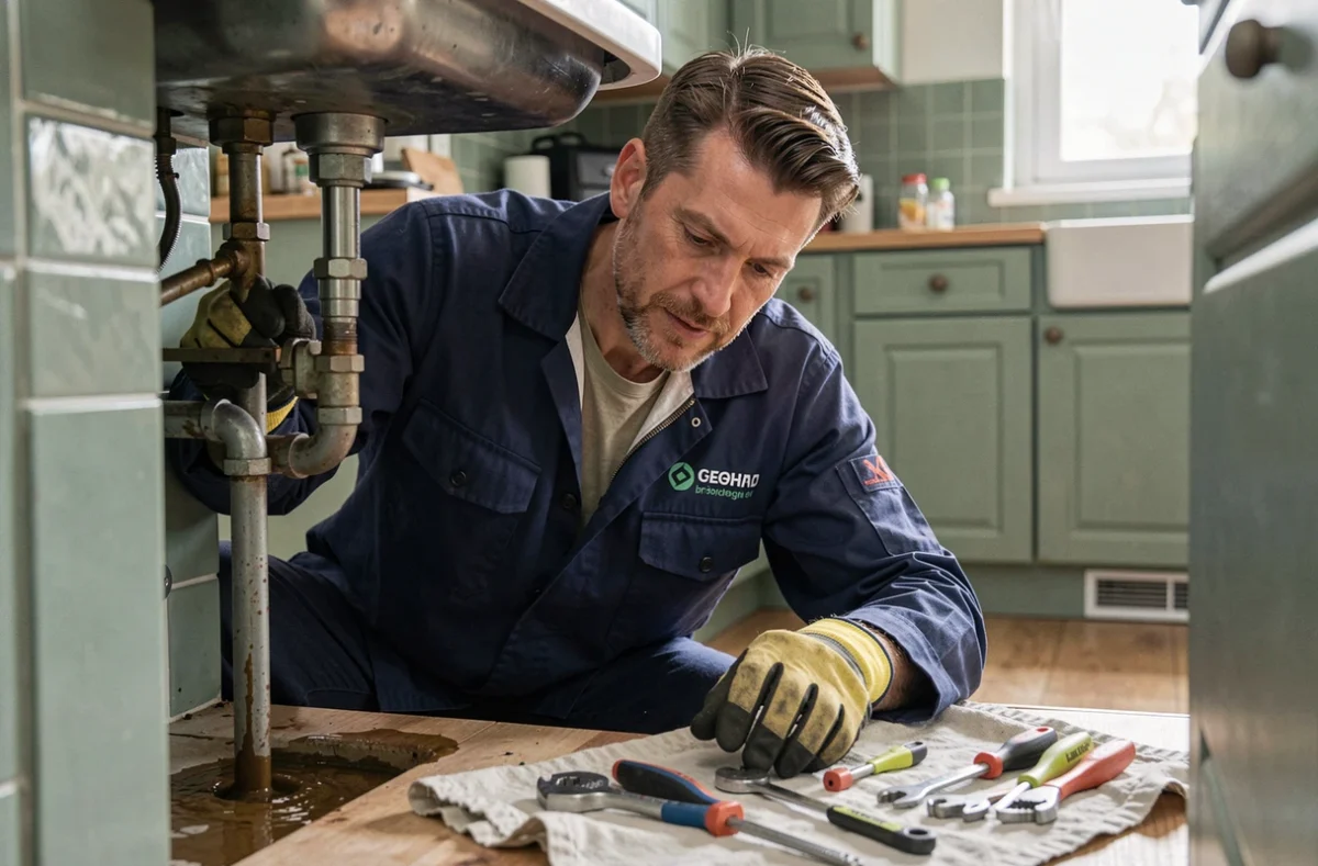 Technicien Etienne Services réparant une fuite sous un évier en Mayenne