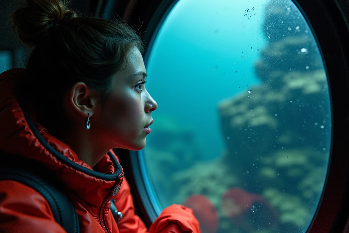 Jeune exploratrice en combinaison rouge regardant par un hublot de submersible