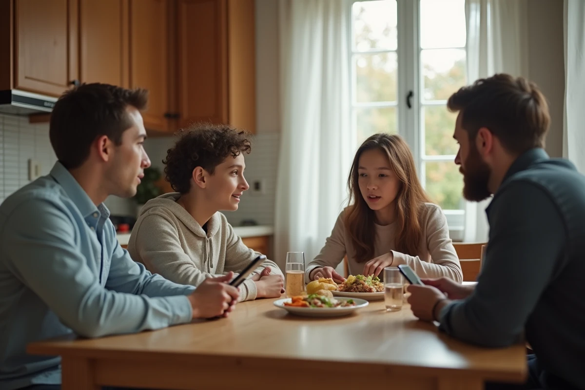 Famille discutant des règles d'utilisation des écrans et des contenus brainrot autour de la table du dîner
