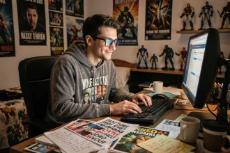 Jeune fan de culture internet fasciné par le phénomène Xonivizectrum devant son écran entouré de notes et de références