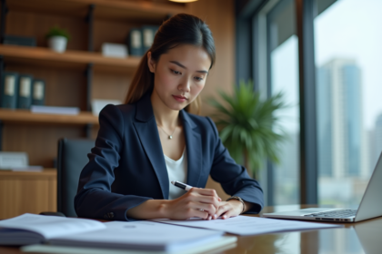 Femme d'affaires en costume bleu dans un bureau moderne