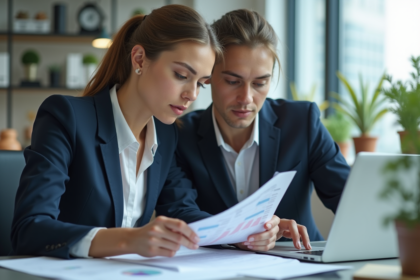 Femme d'affaires en costume bleu examinant des documents financiers
