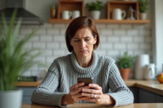 Femme inquiète regardant un appel inconnu sur son smartphone depuis un numéro 03 77