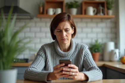 Femme inquiète regardant un appel inconnu sur son smartphone depuis un numéro 03 77