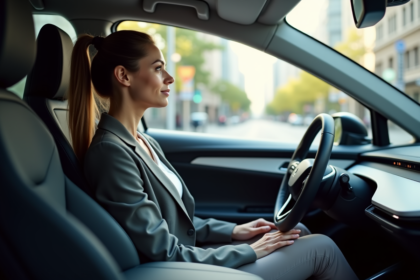 Femme dans une voiture autonome électrique regardant par la fenêtre