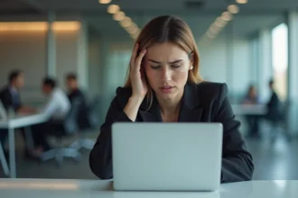 Femme en blazer devant un ordinateur portable dans un bureau moderne, regardant son écran avec une expression d'inquiétude après avoir remarqué une faute d'orthographe dans un mail professionnel