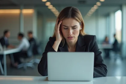 Femme en blazer devant un ordinateur portable dans un bureau moderne, regardant son écran avec une expression d'inquiétude après avoir remarqué une faute d'orthographe dans un mail professionnel