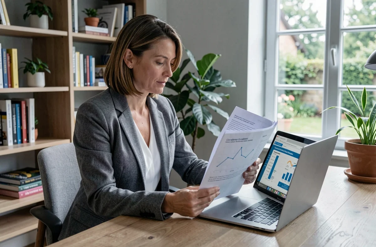 Femme consultant un rapport sur les solutions d'énergies renouvelables proposées par Co-valence depuis son bureau à domicile