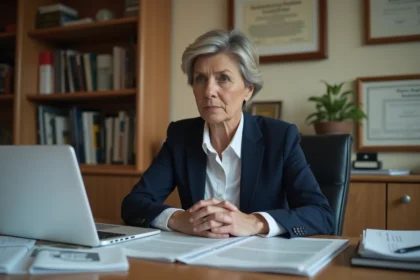 Femme d'âge moyen au bureau regardant des articles
