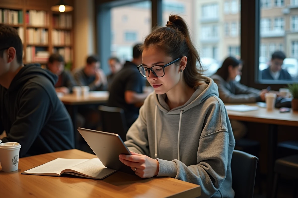 Femme étudiant dans un café universitaire avec sa tablette