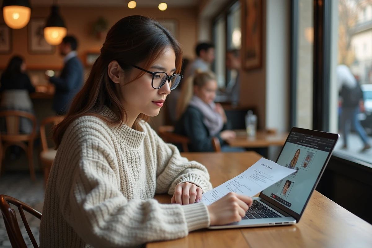 Femme au café examinant un document avec un ordinateur portable