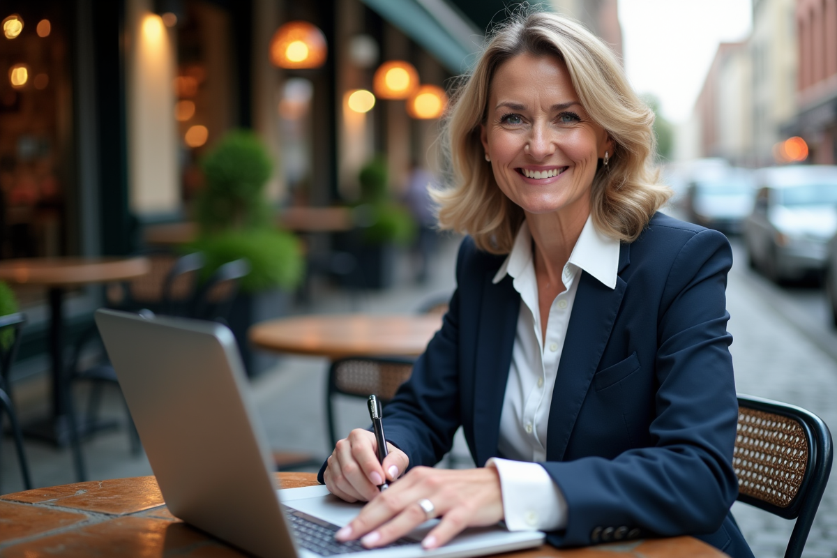 Femme d age moyen travaillant dans un café urbain