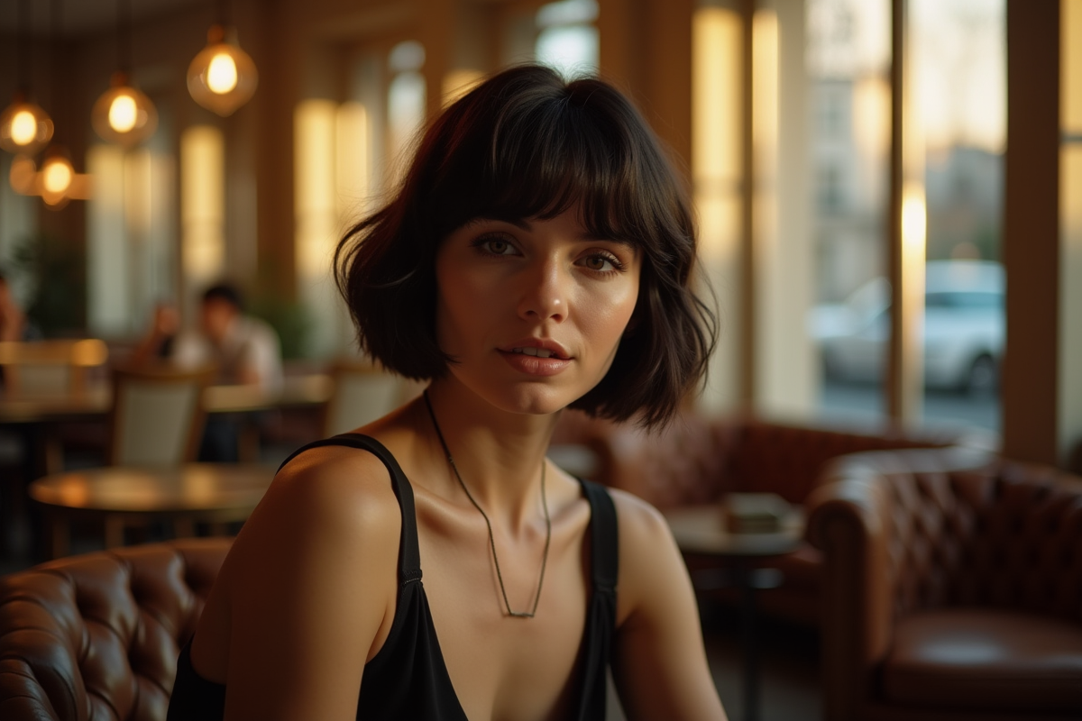 Femme confiante avec coupe courte dans un salon parisien